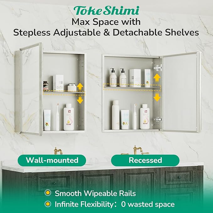 TokeShimi 14 x 18 Medicine Cabinet Mirror, Assembly Required, Brushed Nickel Bathroom Medicine Cabinet with Mirror, Stepless Adjustable Shelves, Tempered Glass, Beveled Aluminum Frame