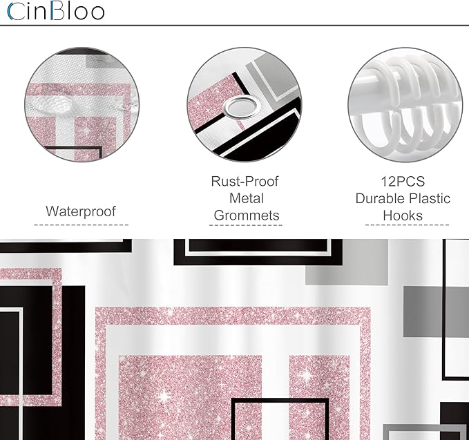 Cinbloo 4Pcs Abstract Black Pink Geometric Shower Curtain Set, Girls Girly Simple Minimalist Modern Women Gray Grey Bathroom Curtain with Rug Toilet Lid Cover Bath Mat with 12 Plastic Hooks