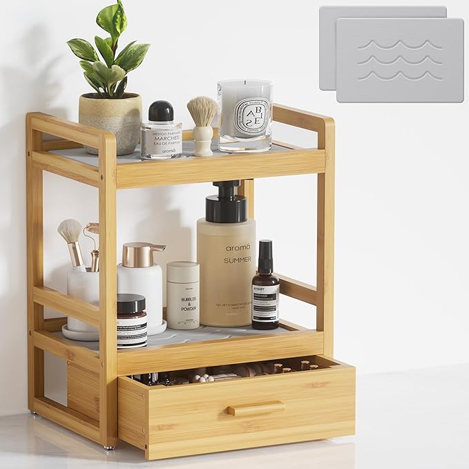 2 Tier Bathroom Organizer Countertop, Bamboo Vanity Organizers and Storage with Drawer for Skincare & Makeup, Counter Shelf with Stone Drying Mat for Coffee Bar, Kitchen, Matcha Station