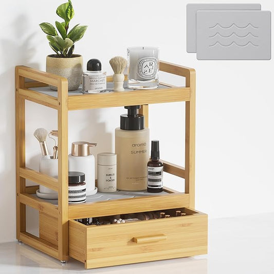 2 Tier Bathroom Organizer Countertop, Bamboo Vanity Organizers and Storage with Drawer for Skincare & Makeup, Counter Shelf with Stone Drying Mat for Coffee Bar, Kitchen, Matcha Station