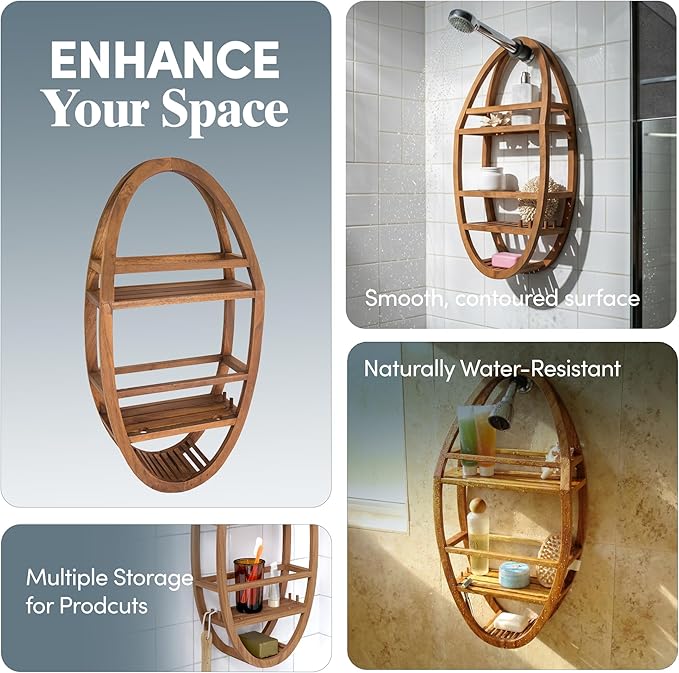 AquaTeak Patented Moa Oval Teak Shower Organizer - Hanging Shower Caddy with Wood Shelves, Hooks & Soap Holder - Durable, Water-Resistant Bathroom Storage with Space-Saving Design