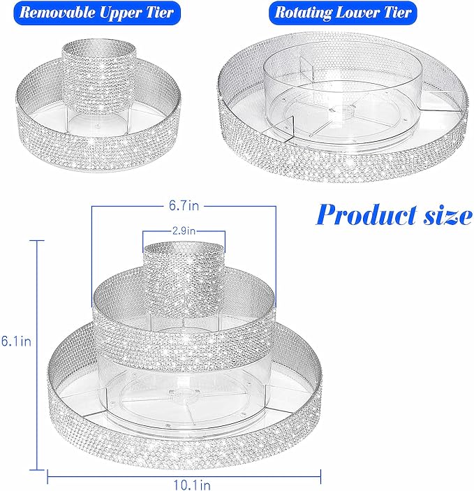 Yivaiks Bling 360 Rotating Makeup Organizer,Shiny Lazy Susan Cosmetic Storage Turntable for Skincare,Perfume & Lipstick,Glitter Round Spinning Tray with Brush Holder for Vanity,Bathroom (10"L x 10"W)