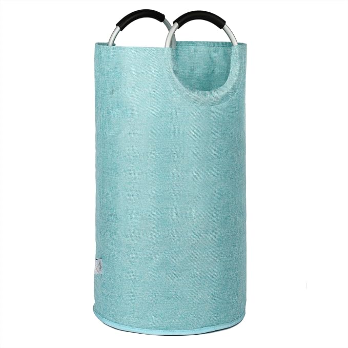 Laundry Hamper Bag, Tall Laundry Basket with Handles, Collapsible Colthes Hamper with Aluminum Handles, Heavy Duty Clothes Hamper for Girls, Dorm, Bedroom, Durable Double Layer. Light Blue