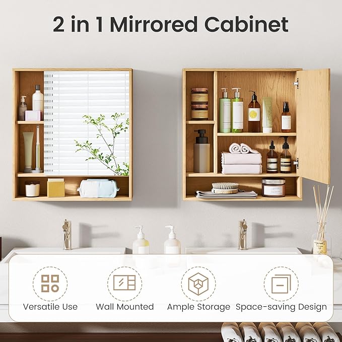 Giantex Bathroom Medicine Cabinet with Mirror, Wall Mounted Medicine Cabinet w/Single Door, 3 Open Shelves & Adjustable Shelf, Space-Saving Hanging Storage Cabinet for Living Room, Hallway (Natural)