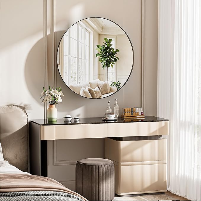 Round Bathroom Medicine Cabinet with Mirror,Wall Mounted Vanity Mirror with Adjustable Shelves Metal Storage Cabinet for Bathroom Bedroom (No Assembly Required) Black 20.5 * 20.5''