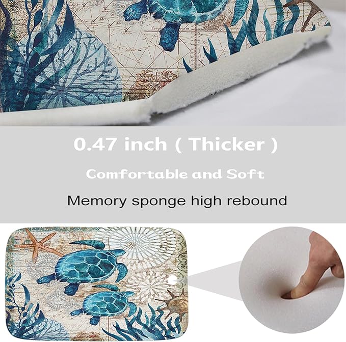 Nautical Sea Turtles Blue Ocean Beach Bathroom Rugs and Mats Sets 3 Piece, Memory Foam Bath Mat, U-Shaped Contour Shower Mat Non Slip Absorbent, Velvet Washable 20 x 31 inch