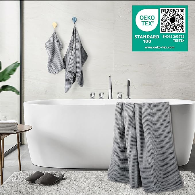 POLYTE 430 GSM Microfiber Quick Dry Lint Free Oversize Bath Towel Set, 6 Piece (Waffle Weave)