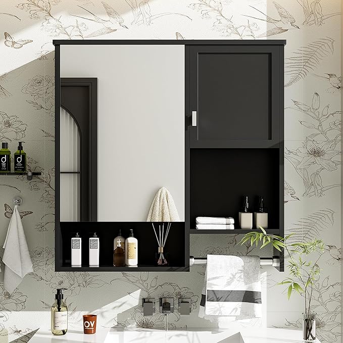 Merax Medicine Cabinet for Bathroom, Wall Mount Bathroom Cabinet with Mirror, Open Shelf, and Towel Bar, 29.5" W x 28.7" H Over The Toilet Mirrored Bath Wall Cabinet