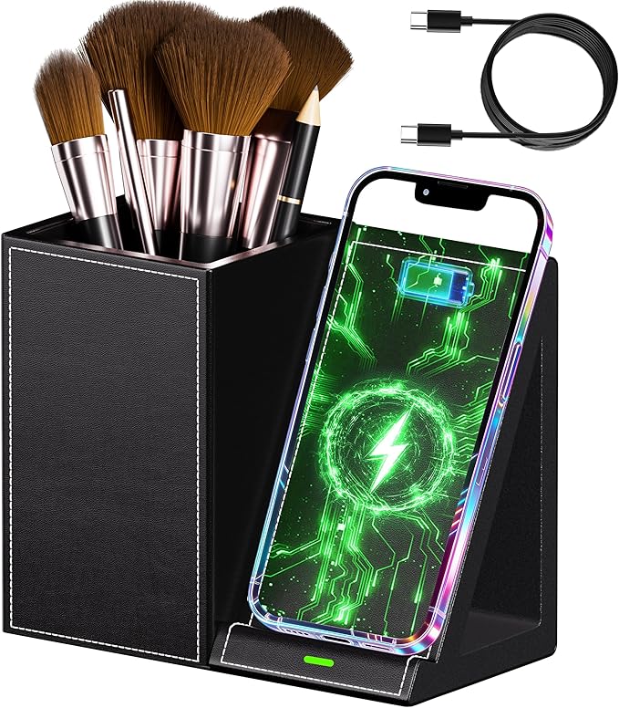 LADSTAG Makeup Brush Holder,Leather Makeup Brush Holder Organizer with phone charging stand???Makeup Organizers Countertop, Makeup organization and Skincare Storage for Vanity, Desktop, Bathroom