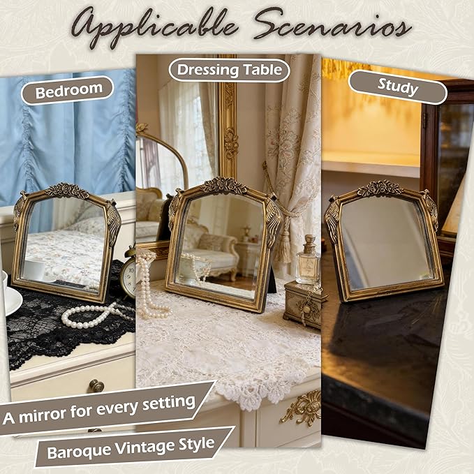 Vintage Vanity Desk Mirror -7x8Inch Wall-Mounted & Tabletop Decorative Ornate Gold Accent Retro Makeup Mirror for Bedroom Dresser Living Room Bathroom Dorm Champagne Gold
