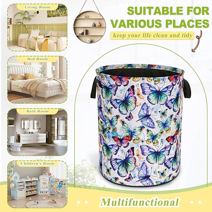 Colorful Butterfly Laundry Basket Funny Foldable Waterproof Oxford Cloth Tote Bag Laundry Hamper Round Large Clothes Storage Bucket Toy Organizer For Bathroom/Laundry Storage/Bedroom 18.9x16.5 Inch