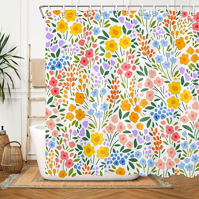 Colorful Floral Shower Curtain Butterfly Flower Bathroom Shower Curtain Set Boho Cute Shower Curtains Fabric Cloth Shower Curtain