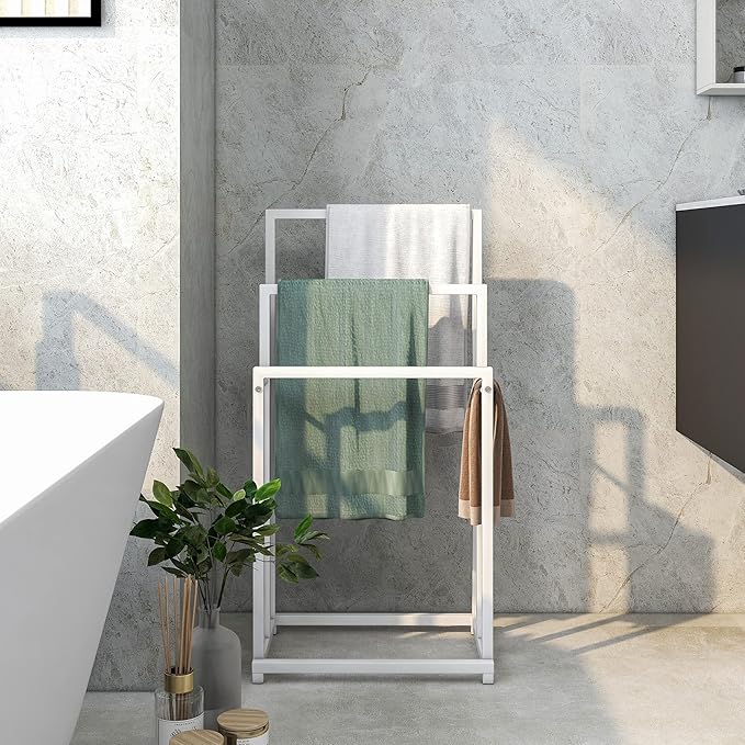 BOFENG 3-Tier White Metal Towel Rack 3 Bars Freestanding Towel Holder Drying Shelf Stand Towel Bar Storage Ladder Bathroom Accessories Organizer Bath Storage,Hand Towel,Washcloth,Kitchen Cloth