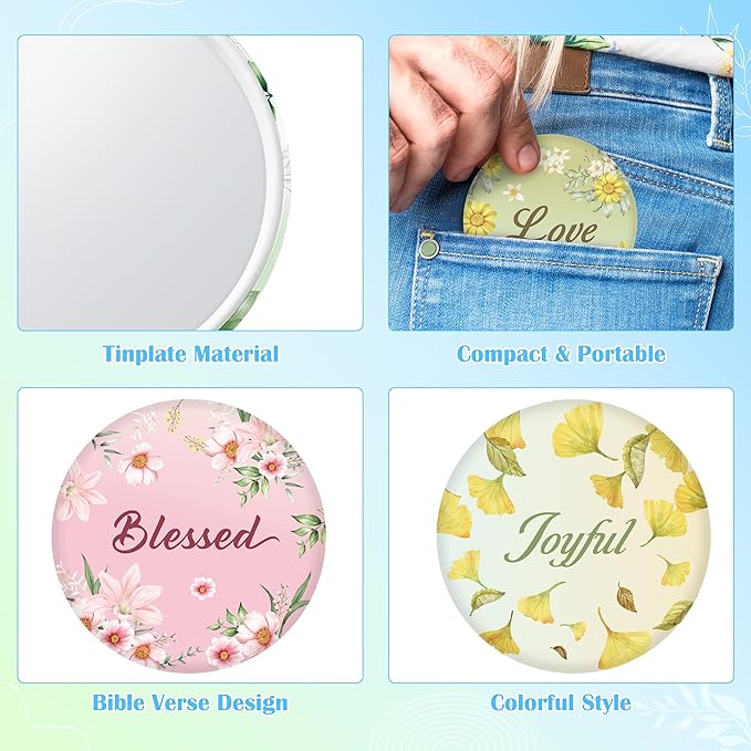 Y1tvei Colorful Floral Mirrors Bulk - 36Pcs Bible Verse Watercolor Flower Inspirational Gift Mini Compact Mirror Portable Round Pocket Makeup Mirror for Women Purse Religious Faith Church Party Favors