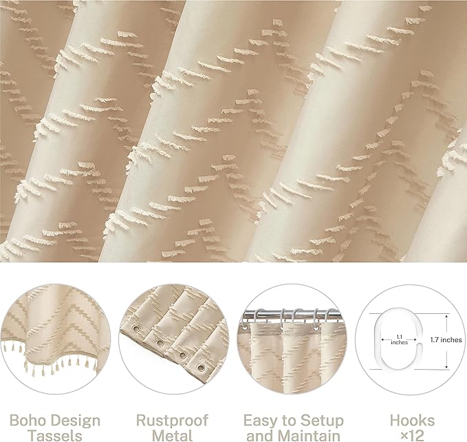 Extra Long Boho Shower Curtain, Woven Fabric 84 in Beige Shower Curtain, 72 x 84, Tufted Chevron Striped Modern Chic Textured Minimalist Bathroom