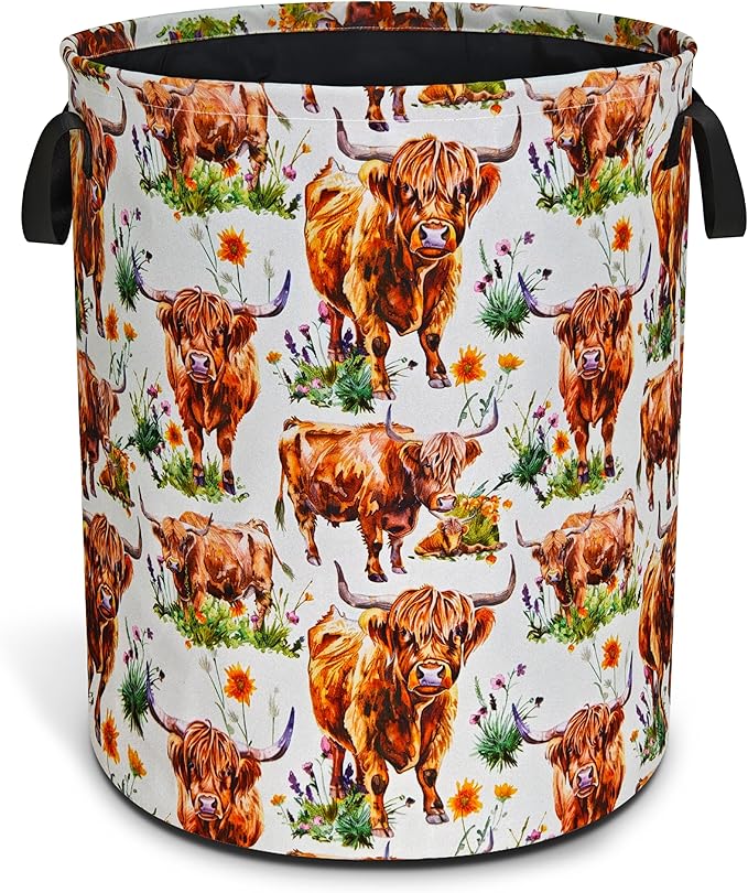 Highland Cow Laundry Basket Funny Cattle Foldable Waterproof Oxford Cloth Tote Bag Laundry Hamper Round Large Clothes Storage Bucket Toy Organizer For Bathroom/Laundry Storage/Bedroom 18.9x16.5 Inch