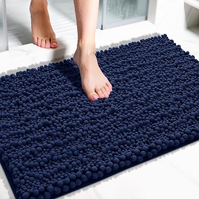 Yimobra Bathroom Rugs Non Slip Washable 32x20 Inch - Ultra Soft Absorbent Chenille Bath Mat, Quick Dry Shaggy Floor Carpet for Tub Shower, Navy Blue Home Decor Accessories