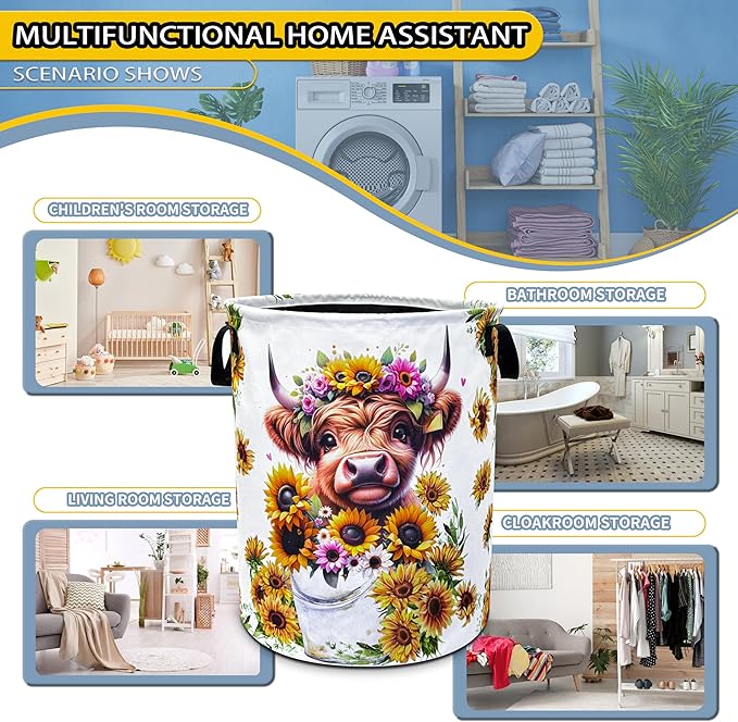 Highland Cow Laundry Basket Sunflower Flower Foldable Oxford Cloth Funny Tote Bag Laundry Hamper Clothes Storage Bucket Toy Organizer For Bathroom/Laundry Storage/Bedroom 18.9x16.5 Inch
