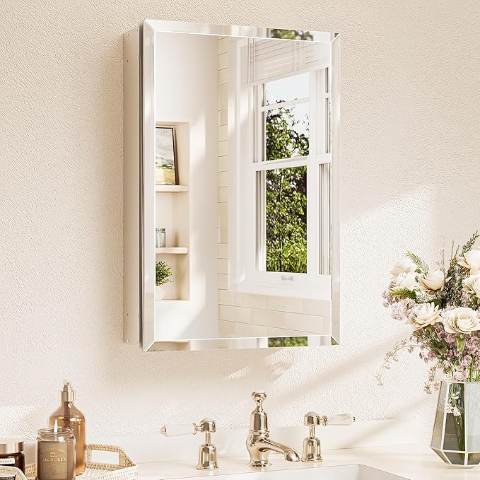 TETOTE 16 x 24 Bathroom Mirror with Storage with Tempered Beveled Mirror Silver Medicine Cabinet Aluminum Cabinet DTC Hinges, Stepless Adjustable Shelves, Recessed/Surface-Mounted