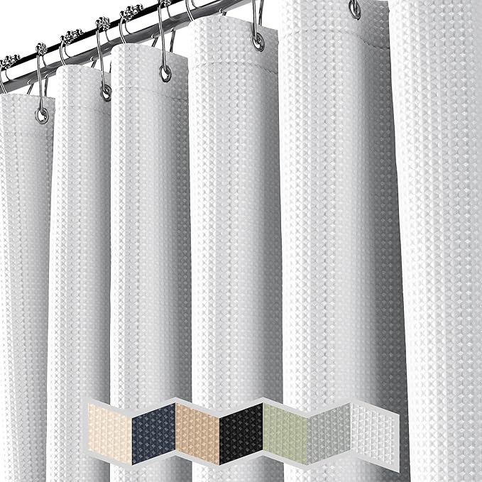 NEATERIZE Shower Curtain White - Hotel Style Shower Curtains for Bathroom with Waffle Design, 72x72 Inches - White Fabric Shower Curtain - Cortinas de Baño Elegantes