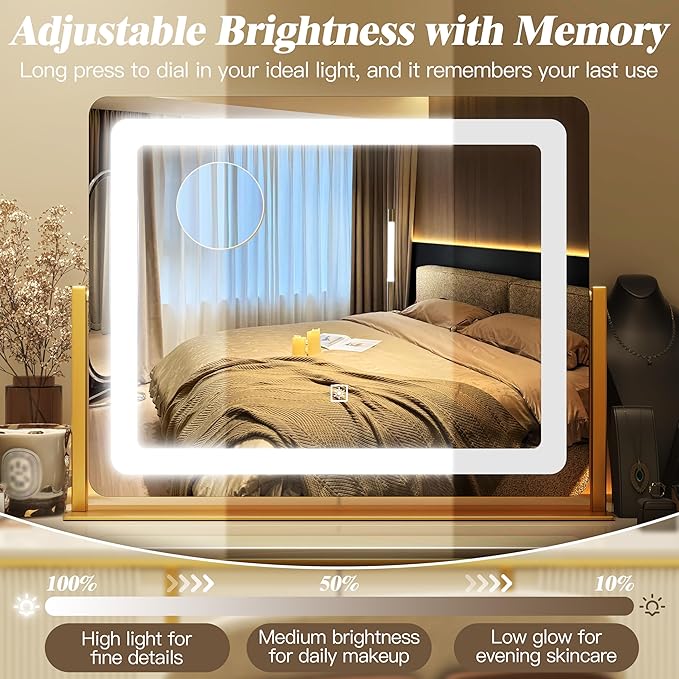 17" x22" Vanity Mirror with Light, LED Makeup Mirror with Lights, 10X Magnification Mirror Makeup with 360°Rotation, 3 Color Modes ＆ Dimmable, Light up Makeup Mirror for Vanity Desk, Travel, Gold
