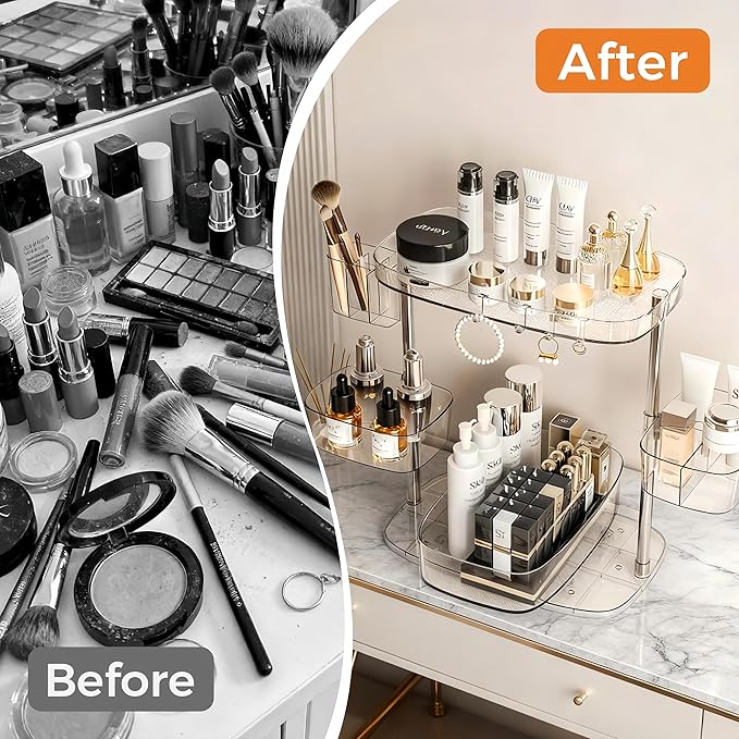 Rotating Makeup Vanity Organizer, Bathroom Countertop Cosmetic Skin Care Storage,Cosmetic Display Case with Brush Holder,for Skincare Perfume Cosmetics,Detachable Hanging Trays & Hooks