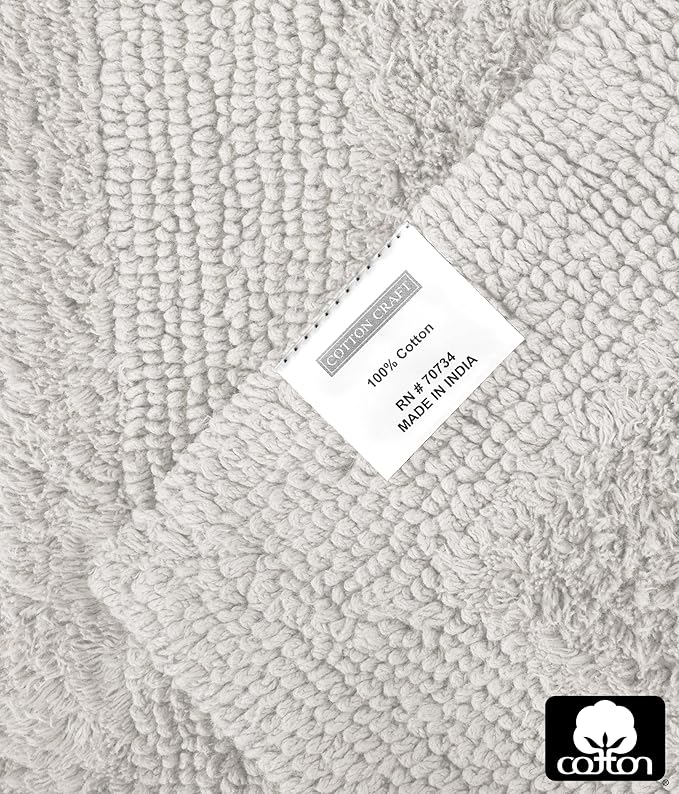 COTTON CRAFT Luxurious Bath Mat Rug - Set of 2 Reversible Heavyweight Step Out Bath Mats for Bathroom Floor, Tub and Shower - Pure Cotton Soft Plush Absorbent Tufted Racetrack Mat - 17 x 24 - Platinum