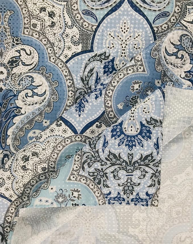 Decorative Blue & Silver Grey Gray Boho Fabric Shower Curtain, Modern Farmhouse for Vintage Rustic Bathroom Decor, Floral Victorian, 72 x 72