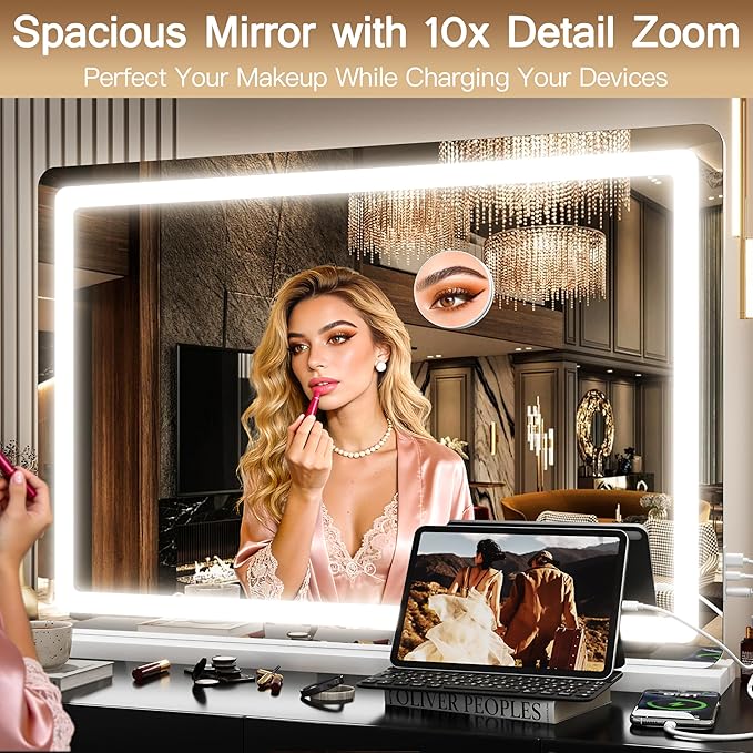 22" x32" Vanity Mirror with Lights, LED Makeup Mirror with Lights, Large Vanity Mirror with 360°Rotation, 3 Color Modes ＆ Dimmable, Light up Makeup Mirror for Vanity Desk, Travel, White