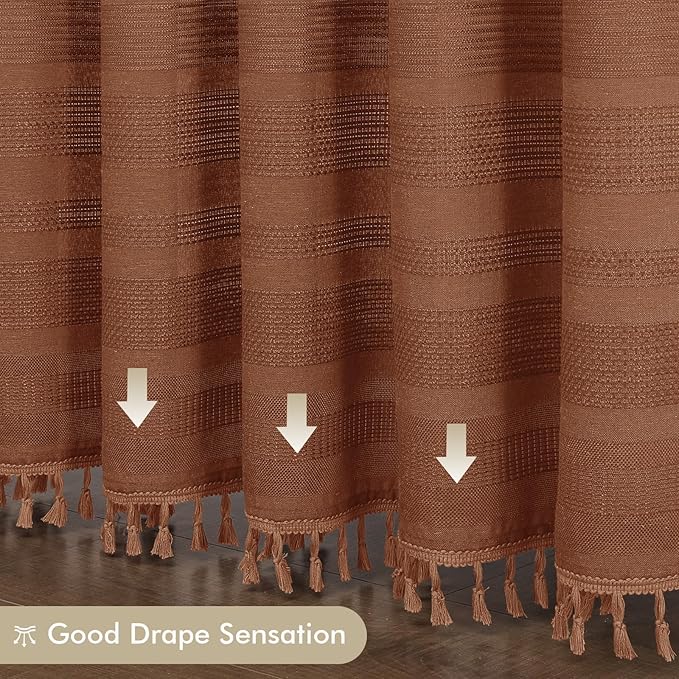 OVZME Terracotta Shower Curtain for Bathroom - Farmhouse Linen Textured Shower Curtain with Tassel, Rustic Striped Heavy Duty Vintage Country Bathroom Curtain, 72Wx72L Inches