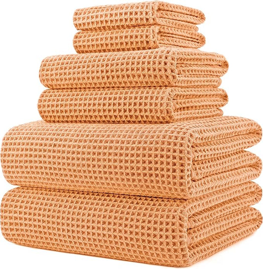 POLYTE 430 GSM Microfiber Quick Dry Lint Free Oversize Bath Towel Set, 6 Piece (Waffle Weave)