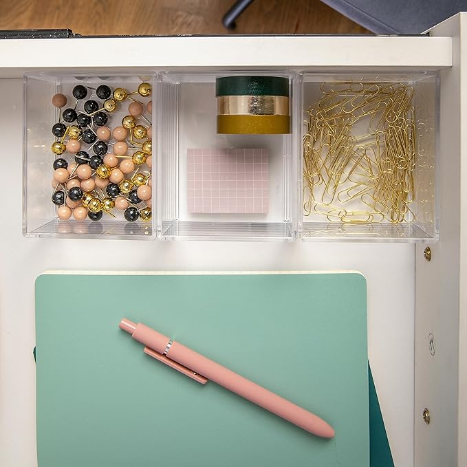 Martha Stewart Brody Desktop Storage Organizer, Stack and Slide Plastic Organizer Tray, Organizer for Office, Kitchen, or Vanity, 3" x 3.75", Clear