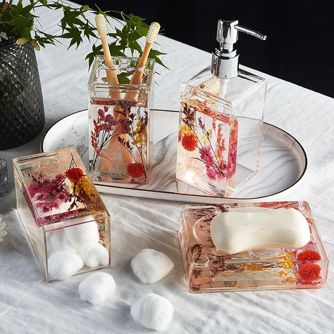 Locco Decor 4 Piece Acrylic Liquid 4D Floating Motion Bathroom Vanity Accessory Set Garden Botanic Pink Plants Toothbrush Holder, Tumbler, Soap Dispenser, Soap Dish