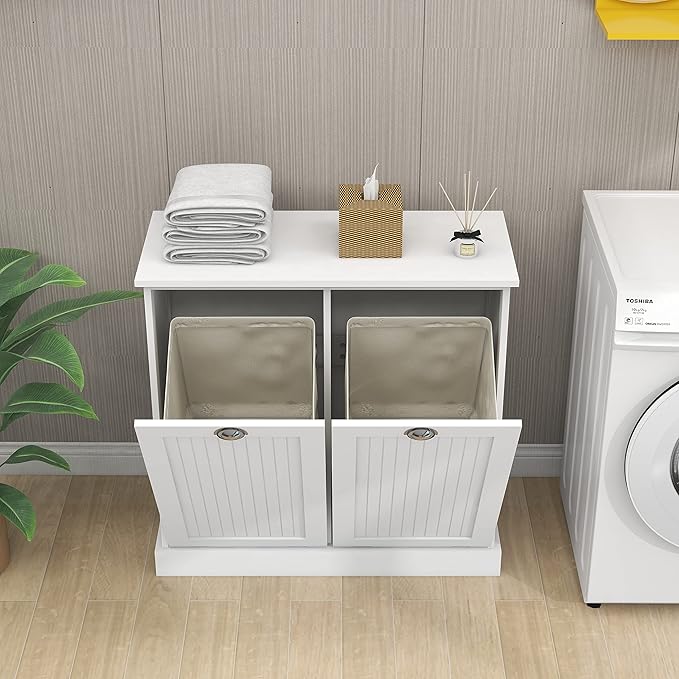 Locsear Tilt Out Laundry Hamper Cabinet with Removable Basket, Double Hidden Laundry Hamper, Wood Bathroom Storage, Free Standing Home Organizer, White