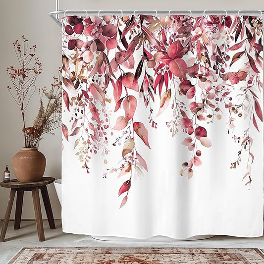 Riyidecor Burgundy Eucalyptus Leaves Shower Curtain for Bathroom Decor 72Wx72H Red Leaf Plants Botanical Leaf Floral Spring Herbs Art Printed Fabric Polyester Waterproof 12 Pack Plastic