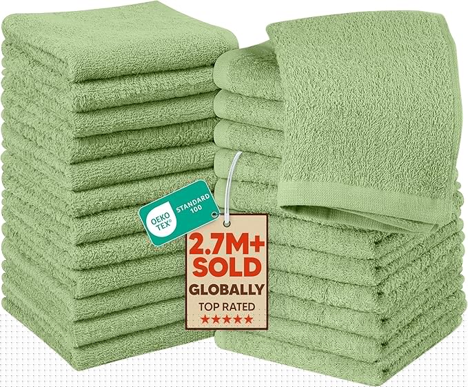 Utopia Towels 24 Pack Cotton Washcloths Set, 100% Ring Spun Cotton, Premium Quality Flannel Face Cloths, Highly Absorbent and Soft Feel Fingertip Towels, Sage Green