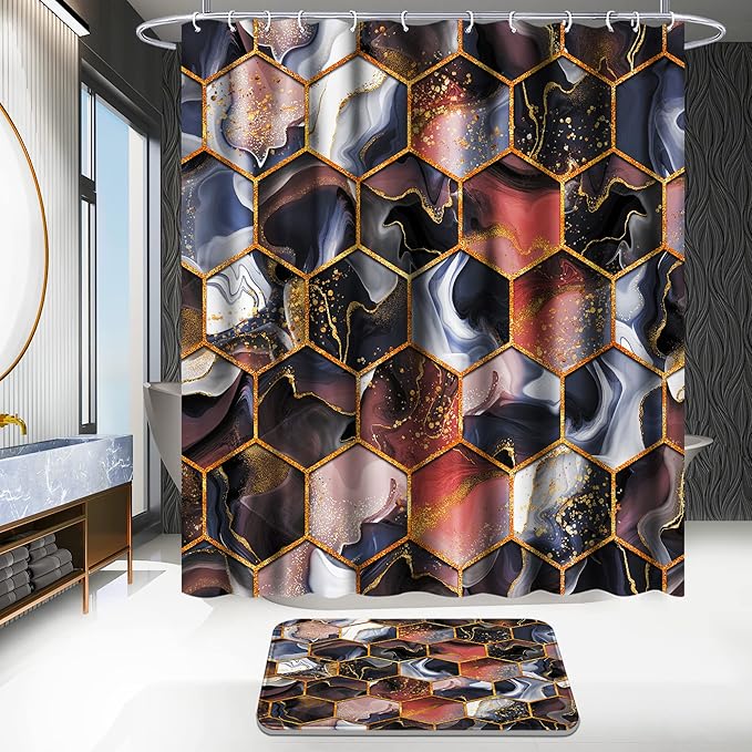Poedist 4 Pcs Bathroom Shower Curtain Set,Purple Honeycomb Marble Bathroom Sets with Rugs(Bath Mat,U Shape and Toilet Lid Cover Mat) and 12 Durable Hooks
