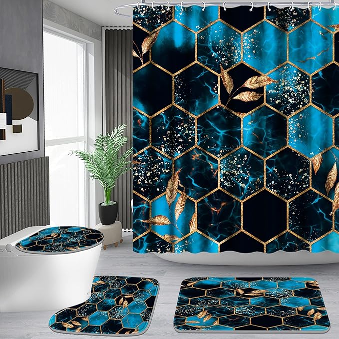 Poedist 4 Pcs Bathroom Shower Curtain Set,Peak Blue Honeycomb Marble Bathroom Sets with Rugs(Bath Mat,U Shape and Toilet Lid Cover Mat) and 12 Hooks