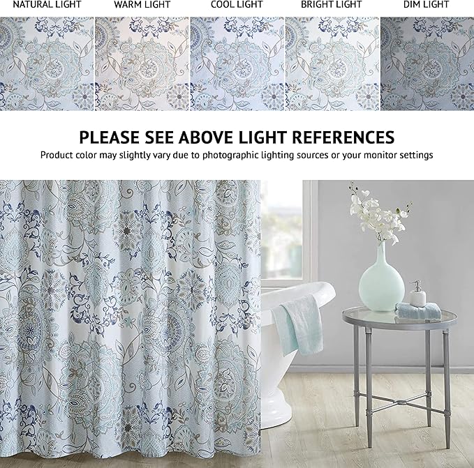 Madison Park Isla 100% Cotton Percale Shower Curtain, Floral Medallion Boho Printed Watercolor Cute Modern Home Bathroom Decor, Bathtub Privacy Screen, 72" x 72", Blue