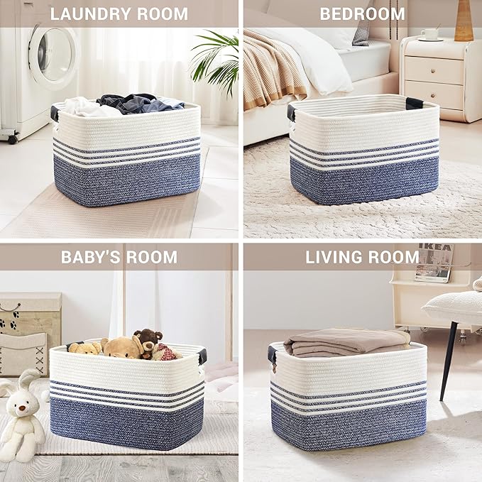 100L Extra Large Laundry Basket with Leather Handles for Living Room Storage,Woven Rope Baskets for Blanket,Kids Toy,Gifts,Wicker Hamper for Bedroom Dirty Clothes,24"x16"x16" Denim Blue