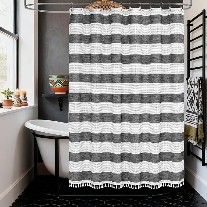 Black and White Farmhouse Thick Shower Curtain with Tassels, 350GSM Cotton Linen Soft Fabric Shower Curtain Boho Chic, 72 x 72 Inch Vintage Striped Heavyweight Bathroom Curtain Water-Repellent