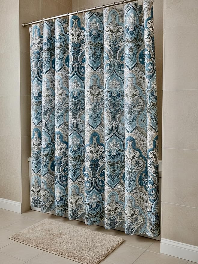 Serafina Home Decorative Blue & Brown Boho Fabric Shower Curtain, Modern Farmhouse for Vintage Rustic Bathroom Decor, Floral Victorian, 72 x 72
