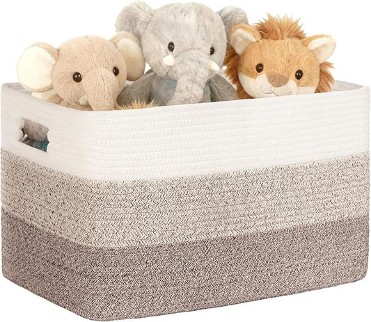 45L Small Laundry Basket with Leather Handles for Living Room Storage, Woven Rope Baskets Bin for Blanket, Kids Toy, Gifts, Wicker Hamper for Bedroom Dirty Clothes, 18"x14"x11" Gradient Brown