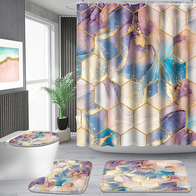 Poedist Shower Curtain Set with Rugs,Bathroom Accessory Set, Including Non-Slip Rugs,Toilet Lid Cover and Bath Mat, Waterproof Shower Curtain with 12 Hooks,Ink Quicksand-Yellow