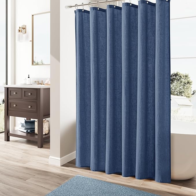 Naturoom Vintage Blue Linen Shower Curtain, Country Boho Farmhouse Bath Decor Shower Curtains Neutral Cloth Weighted Textured Fabric Bath Curtain Liner with Hooks, 72x78