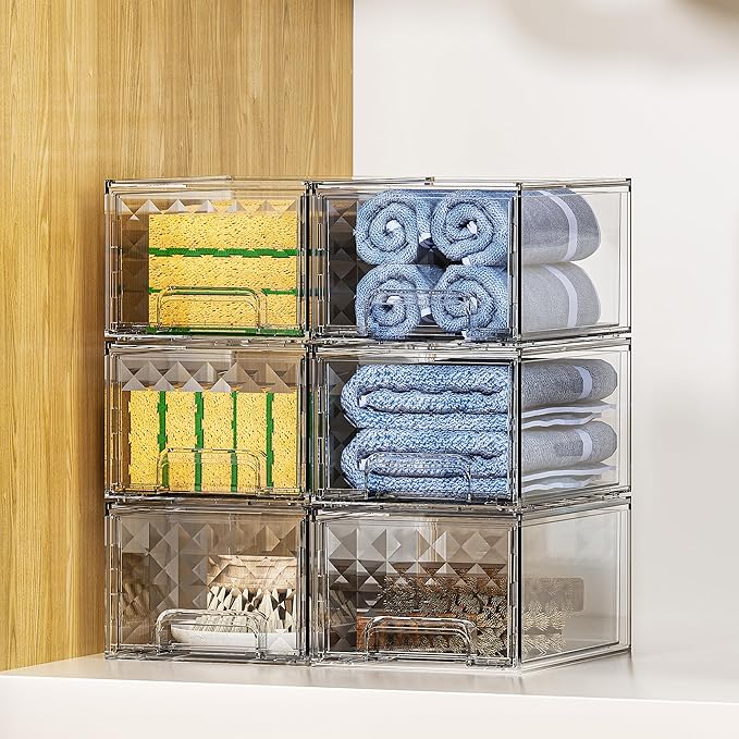 Delamu 2 Pack Stackable Storage Drawers, Makeup Skincare Holder Vanity Storage Organizer, Plastic Drawers For Vanity Desk, Undersink, Kitchen Cabinet, Pantry, Clear, Ideal Christmas Gifts for Girls