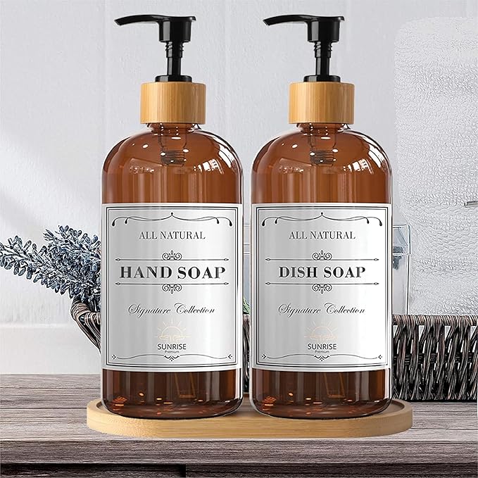 Sunrise Premium 16 OZ Thick Amber Glass Soap Dispenser, Bamboo Pump with Tray 4 Pack, Hand and Dish Soap Dispenser Set for Bathroom with 12 Waterproof Labels