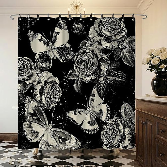 Dark Gothic Butterfly and Flower Shower Curtains for Bathroom,Black Witchy Floral Shower Curtain,Funny Waterproof Polyester Butterfly and Flower Bathroom Decor,72 X 72 Inch