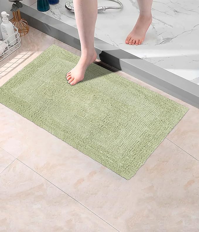 COTTON CRAFT Luxurious Bath Mat Rug - Set of 2 Reversible Heavyweight Step Out Bath Mats for Bathroom Floor, Tub and Shower - Pure Cotton Soft Plush Absorbent Tufted Racetrack Mat - 17x24 - Sage Green