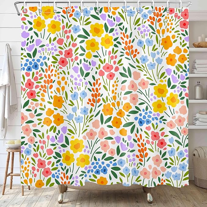 Colorful Floral Shower Curtain Butterfly Flower Bathroom Shower Curtain Set Boho Cute Shower Curtains Fabric Cloth Shower Curtain